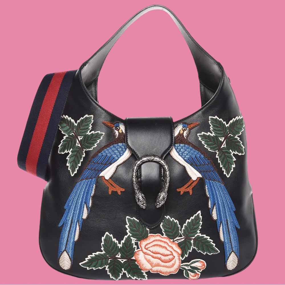 Gucci Calfskin Web Garden Collection Embroidered Medium Dionysus Hobo Black